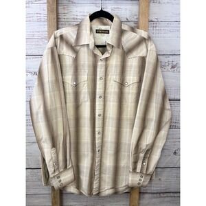 Stetson Mens Tan Brown Plaid Western Pearl Snap Shirt Long Sleeve Cotton Large